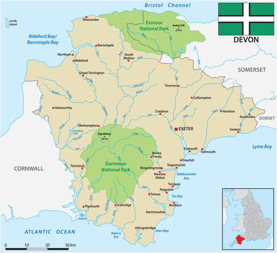 Map of the ceremonial county Devon, England, UK