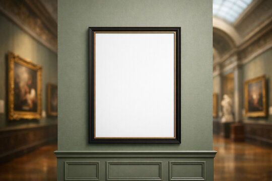Blank vertical frame mockup on sage green museum gallery wall