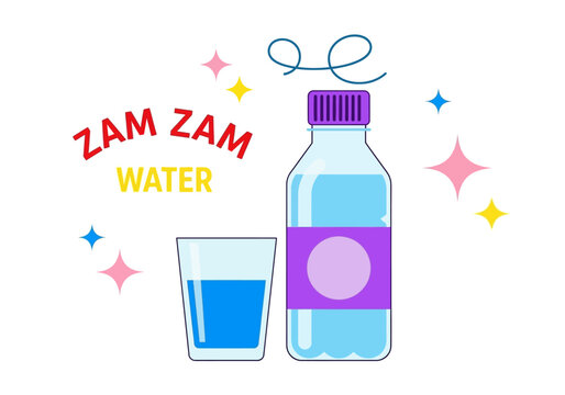 Zam Zam Water Illustration with Bottle and Glass - Islamic Holy Water Vector Icon for Hajj and Umrah Religious Content