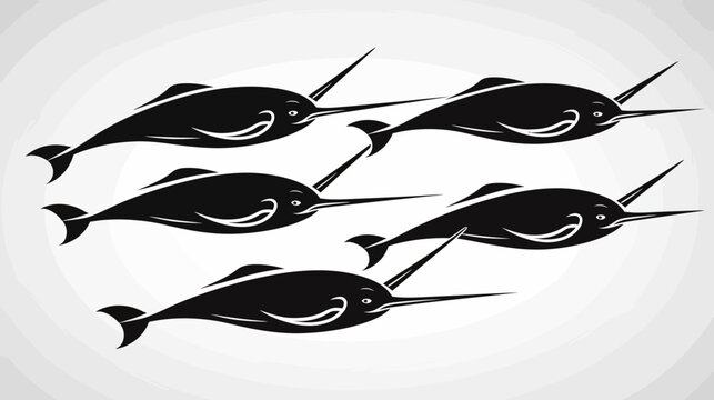 A stylized illustration featuring five black narwhals with long tusks swimming, set on a textured white background
