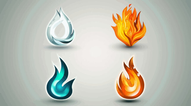 Stylized illustrations of four classical elements water, fire, air, and earth. Vivid colors and gradients