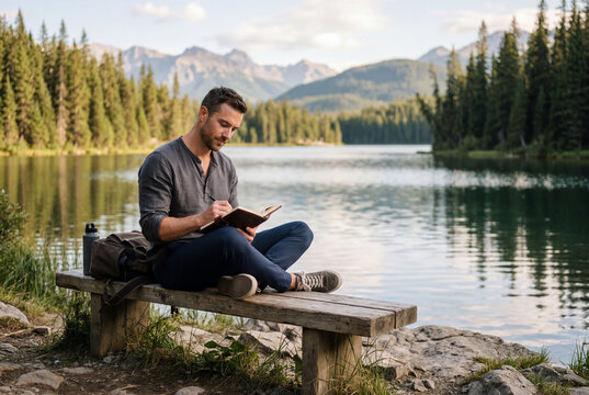 Millennial man writing in personal journal while sitting on wooden bench by mountain lake for mental health, self care. Man journaling