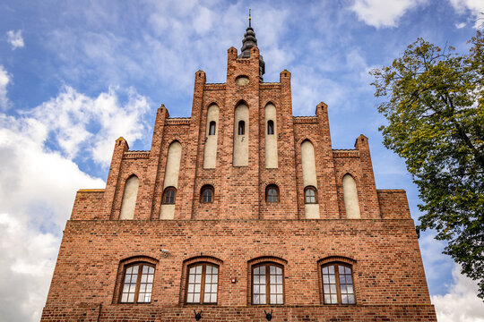 Facade of historic town hall building in Morag, small town in Warmia-Mazury region of Poland