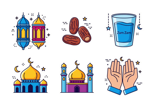 Ramadan Kareem and Islamic Celebration Icon Set - Vector Illustrations of Mosque, Lanterns, Dates, Zam Zam Water, and Prayer Hands