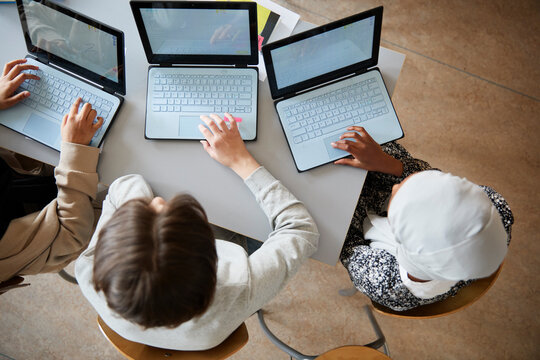 Directly above shot of students using laptops while sitting at desk in classroom