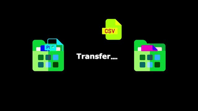 Digital File Transfer Animation with IMS, XLS , document, PDF, CSV, Audio, JPG and Video Files Between Folders on Black Background.