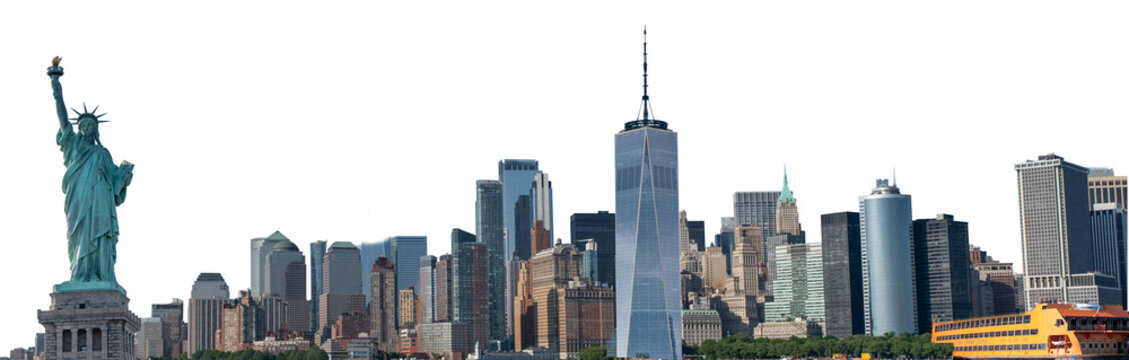 City skyline of New York with different famous destinations isolated on transparent PNG