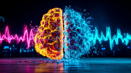 Neon Brain with Dynamic Waves Reflect on a Dark Surface