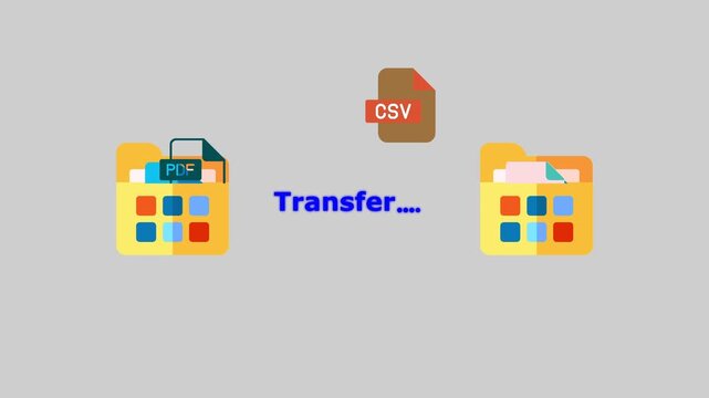 Digital File Transfer Animation with IMS, XLS , document, PDF, CSV, Audio, JPG and Video Files Between Folders on Black Background.