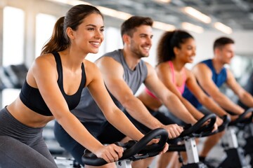 Fototapeta premium Group of people exercising on stationary bikes in modern fitness gym