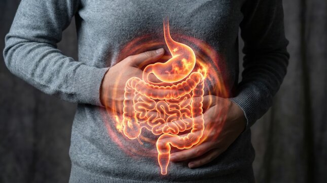 Bauchschmerzen und Sodbrennen Konzept: Frau h&auml;lt sich den Bauch mit leuchtender 3D-Illustration des Verdauungssystems (Magen und Darm).