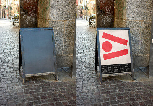 Mockup Of Customized Vertical A-Frame Poster On Cobbles