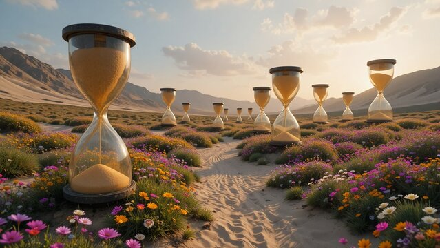 A flowering valley of colossal hourglasses with radiant sand rising against gravity