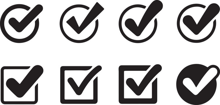 Check mark and tick icon set for confirmation approval success and task completion in user interface.