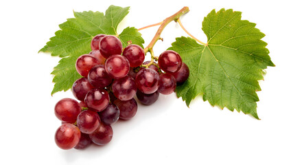 Fototapeta premium Fresh red grapes with green leaves on a white background, healthy fruit