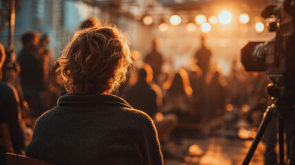 Fototapeta premium event coverage angle behind scenes live event person watching presentation stage production atmosphere audience perspective media coverage