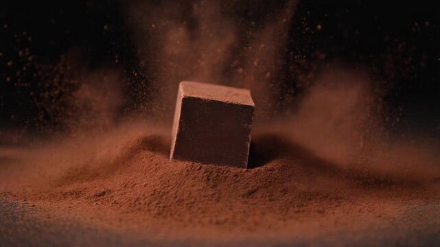 A rich, decadent cube of dark chocolate powder exploding outwards in a dramatic cloud against a dark background