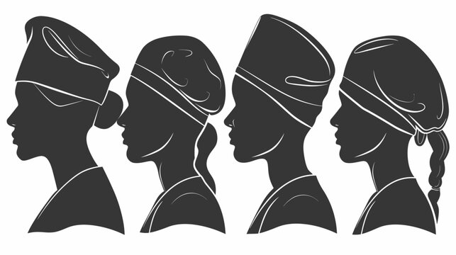 Silhouettes of chefs in side profile wearing chef hats of varying styles, monochrome, minimal