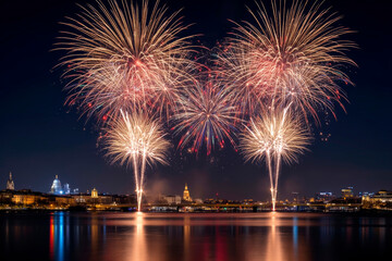 Fototapeta premium Vibrant New Year fireworks illuminating the midnight sky above a serene urban riverside, capturing the essence of global celebration and joyous beginnings