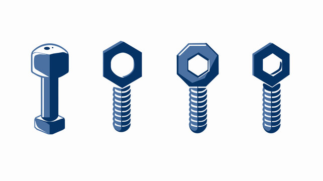 Four stylized blue hardware elements, bolts and nuts, with various head shapes and threaded shafts, on white