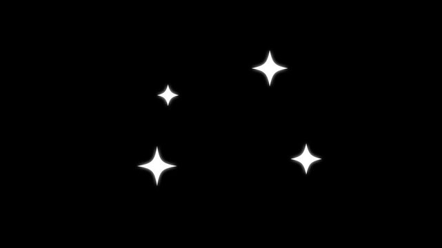 Shiny twinkle glitter stars, glowing cartoon white star animation, retro, doodle, vector sparkle shine, blinking light trail effects, chroma key black screen festive seamless loop background.4K