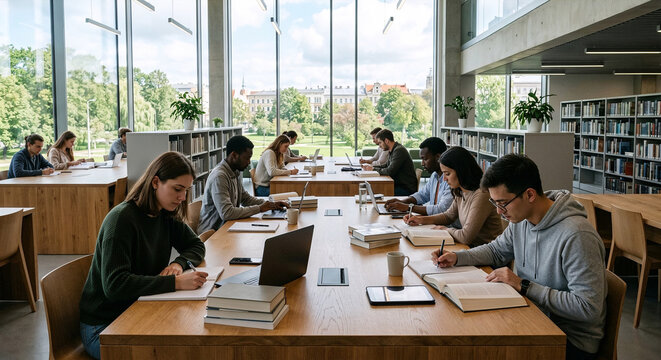 Diverse group of students studying and working on laptops in a modern bright library.