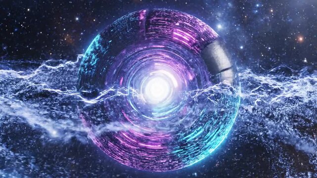 Futuristic space scene, glowing purple planet, cosmic background, sci-fi elements, galaxy exploration 4k Video