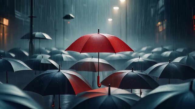 Cinematic slow motion of a vibrant red umbrella standing out amidst a sea of dark umbrellas in heavy rain on a city street, symbolizing individuality, resilience