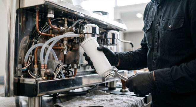 Professional technician in black gloves replacing a water filter in a commercial espresso machine.