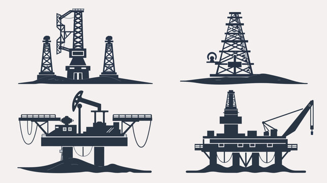 Silhouetted illustrations of four distinct oil drilling platforms, showcasing various designs