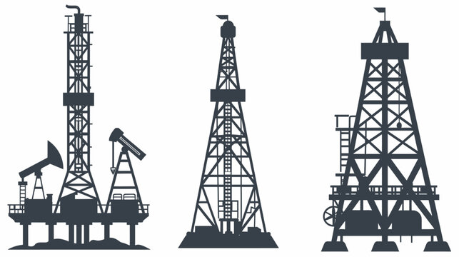Silhouettes of petroleum extraction equipment, including drilling rigs and pump jacks, in a monochrome style