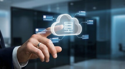 Fototapeta premium Businessman interacting with glowing cloud computing network hologram with data panels