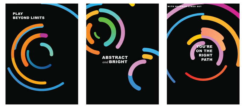Colorful dashed concentric circles on dark backgrounds. Abstract minimalist EPS vector layouts for modern poster designs. Graphic geometric ring elements. Flat retro artwork. 