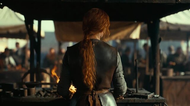 A woman blacksmith at a forge in medieval style on a market background, concept of craftsmanship and tradition