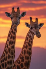 Obraz premium Romantic love theme for Valentines Day. Two giraffes standing side by side against a backdrop of a setting sun, with the sky painted in hues of orange, pink, and purple.