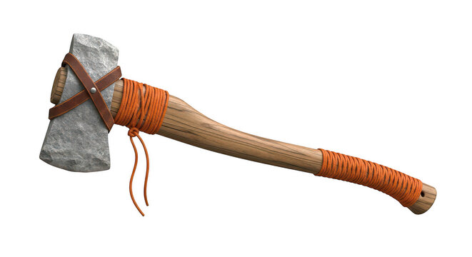 An ancient stone axe mounted on a wooden handle with leather bindings isolated on transparent background