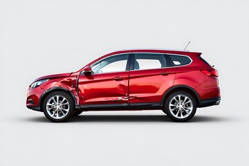 Fototapeta premium Red car with damaged side parked on gray background