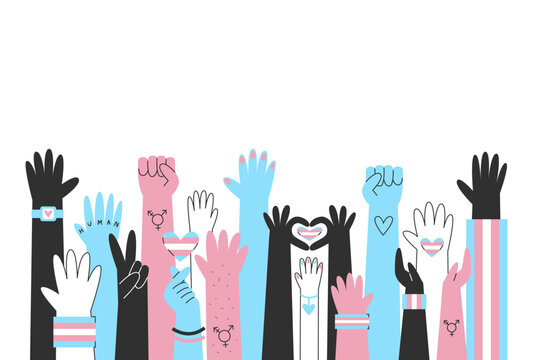 Diverse transgender hands, awareness and visibility banner. Cisgender and genderqueer hands with trans flag colors and symbols. Diversity and human rights concept.