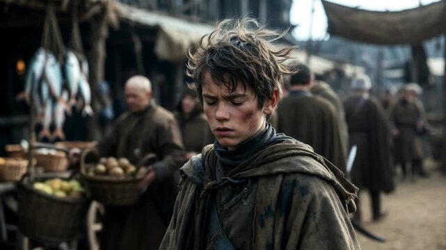 A weary boy in medieval clothes stands in a busy market, shown in realistic style on a blurred crowd, concept of hardship