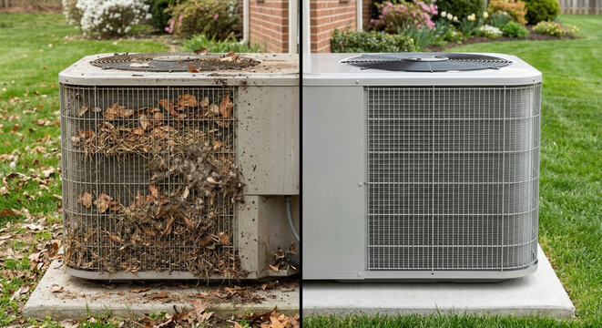 Before and after cleaning of a residential outdoor air conditioner unit