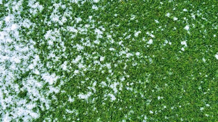 Fototapeta premium Spring snow ice thaw, end of Winter Season, hope, fresh start. A closeup of a lush green lawn covered in a blanket of white snow, creating a peaceful winter scene.
