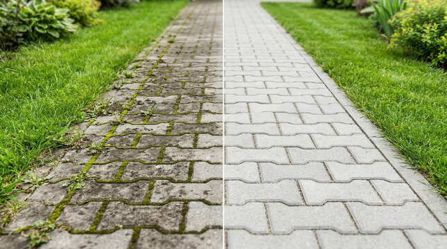 Before and after cleaning a dirty, moss-covered paver stone garden pathway.