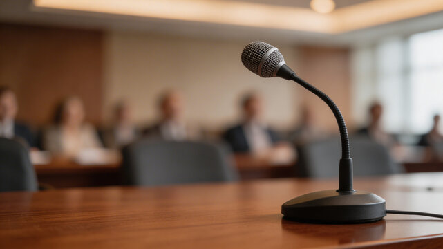 Microphone on the table in a conference room with a blurred background audience. Copy space.