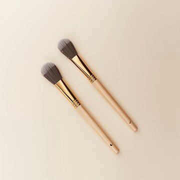 Makeup brushes with gold ferrule on a light tan surface