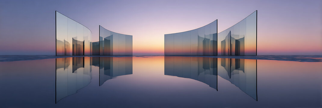 Futuristic Glass Architecture Installation Reflecting Vibrant Sunset Colors on Still Water Surface. Minimalist Abstract Design for Modern Business & Creative Backgrounds.