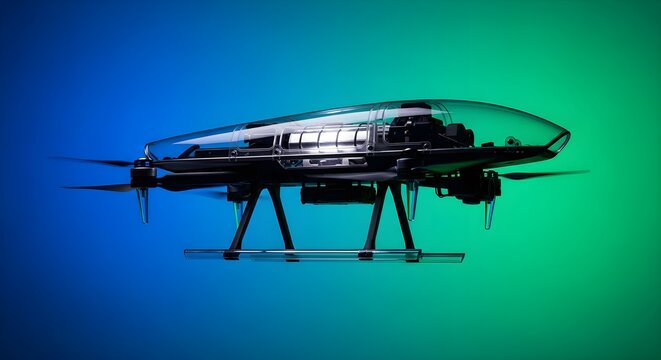 Drone with transparent cockpit on blue and green background, futuristic technology