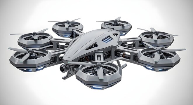 High-tech drone with multiple propellers and blue lights on white background