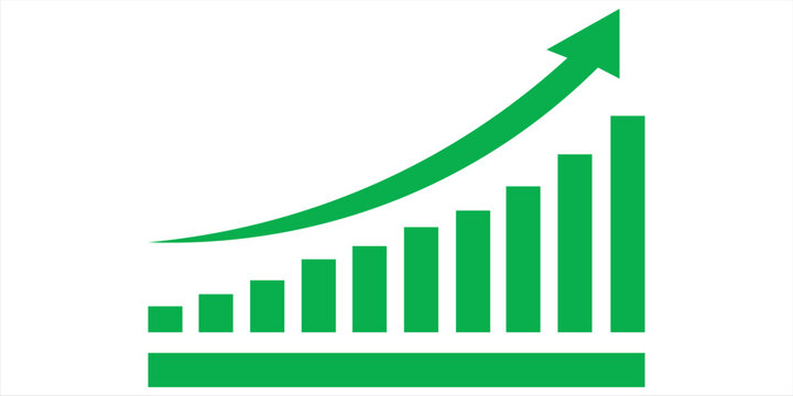 Growing business green arrow on white. Profit arow Vector illustration.Business concept, growing bar chart. Concept of sales symbol icon with arrow moving up. Economic Arrow With Growing Trend.