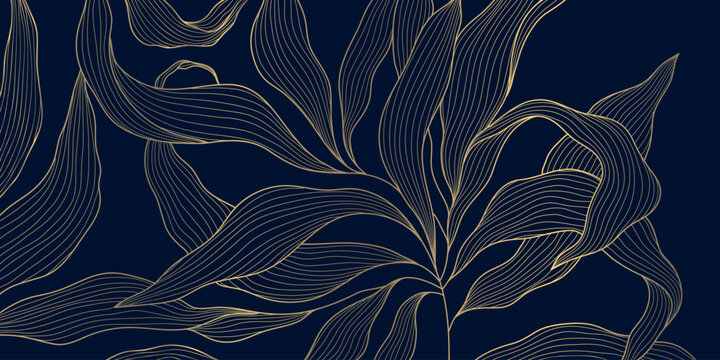 Luxury gold line floral pattern, elegant leaves and flowers, blue background. Vector illustration Japanese ornament, Art Deco, Nouveau style, modern vintage aesthetic, wedding invitations, perfume