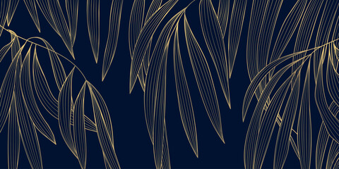 Fototapeta na wymiar Luxury gold line floral pattern, elegant leaves and flowers, blue background. Vector illustration Japanese ornament, Art Deco, Nouveau style, modern vintage aesthetic, wedding invitations, perfume